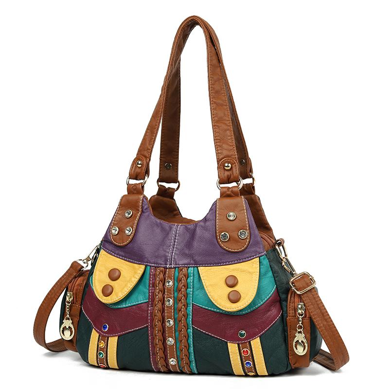 Colorful PU Leather Handbag for Women – Boho-Style Patchwork Design with Braided Details and Adjustable Strap, Perfect for Casual Wear