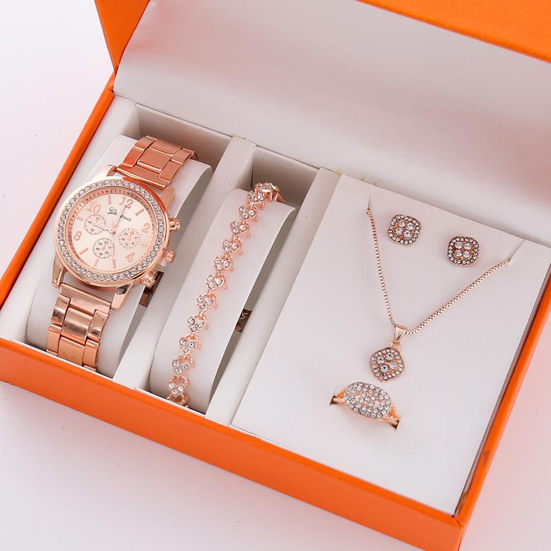 5Pcs/Set Steel Belt Women'S Watch, Fake Three-Eye Women'S Casual Quartz Watch Set (Orange Box)