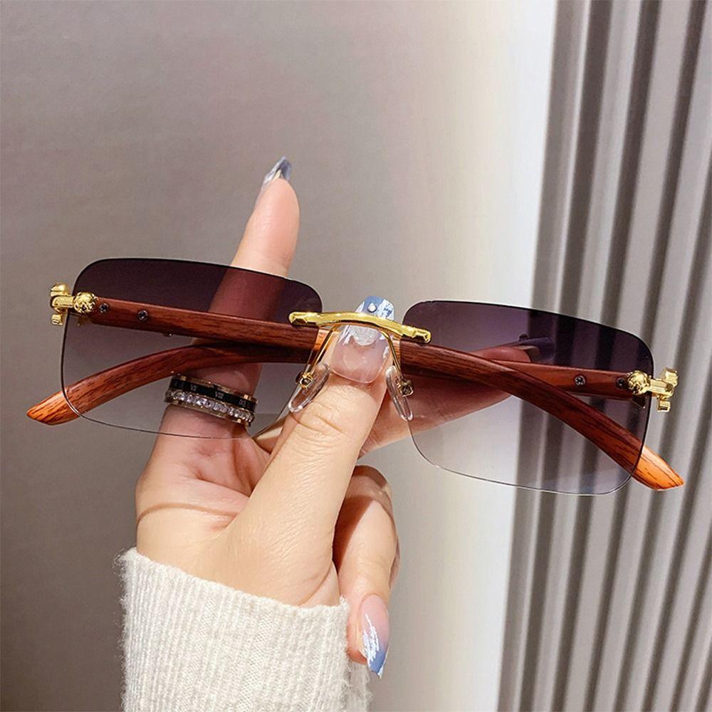 Retro Vintage Rimless Sunglasses Cheetah Decor Uv400 Metal Sun Glasses Square Shades For Women & Men