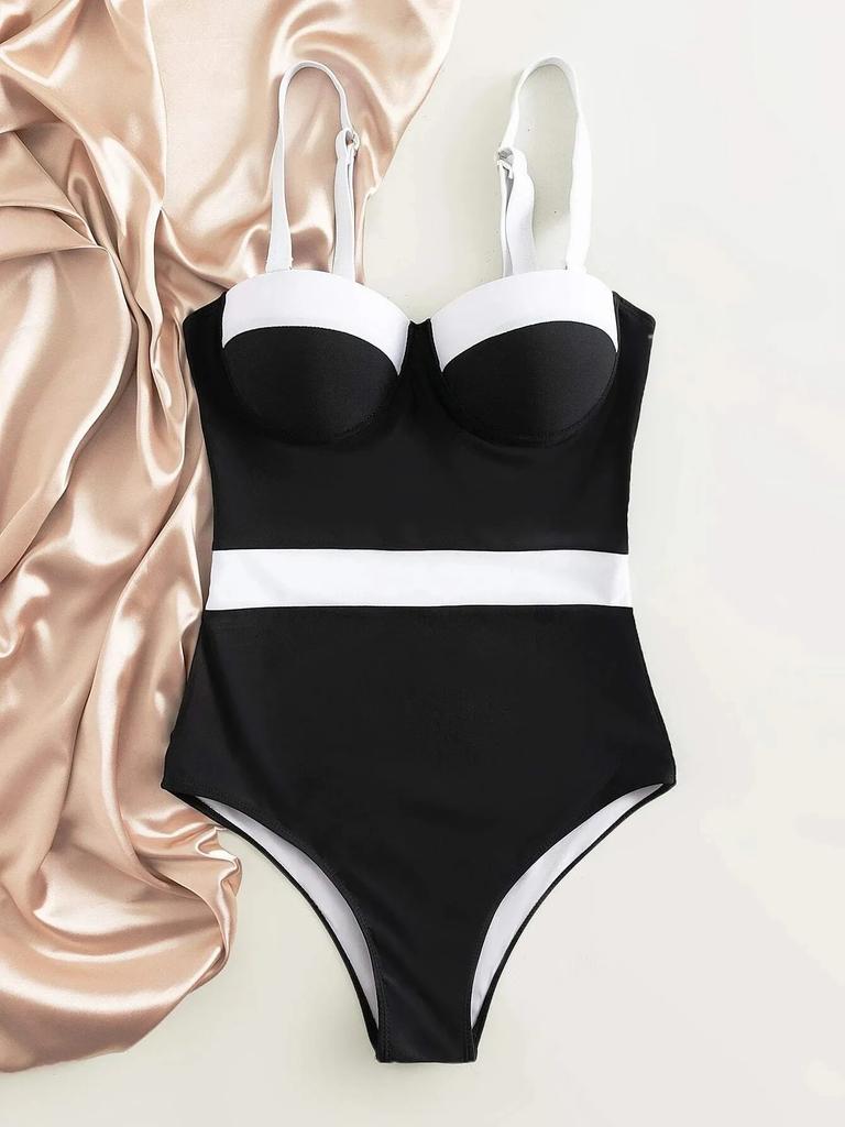 Sexy Push Up One Piece Swimsuit Colorblock Swimwear Women Underwire Bodysuit Female Bathing Suit New Swimming Suit