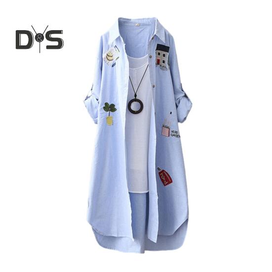 

Женский весенний топ с вышивкой в виде мультфильма, свободный, неровный подол, однотонный, отложной воротник, однобортный, защита от солнца, мягкий, дышащий, длинные рукава, средняя длина 3XL синий