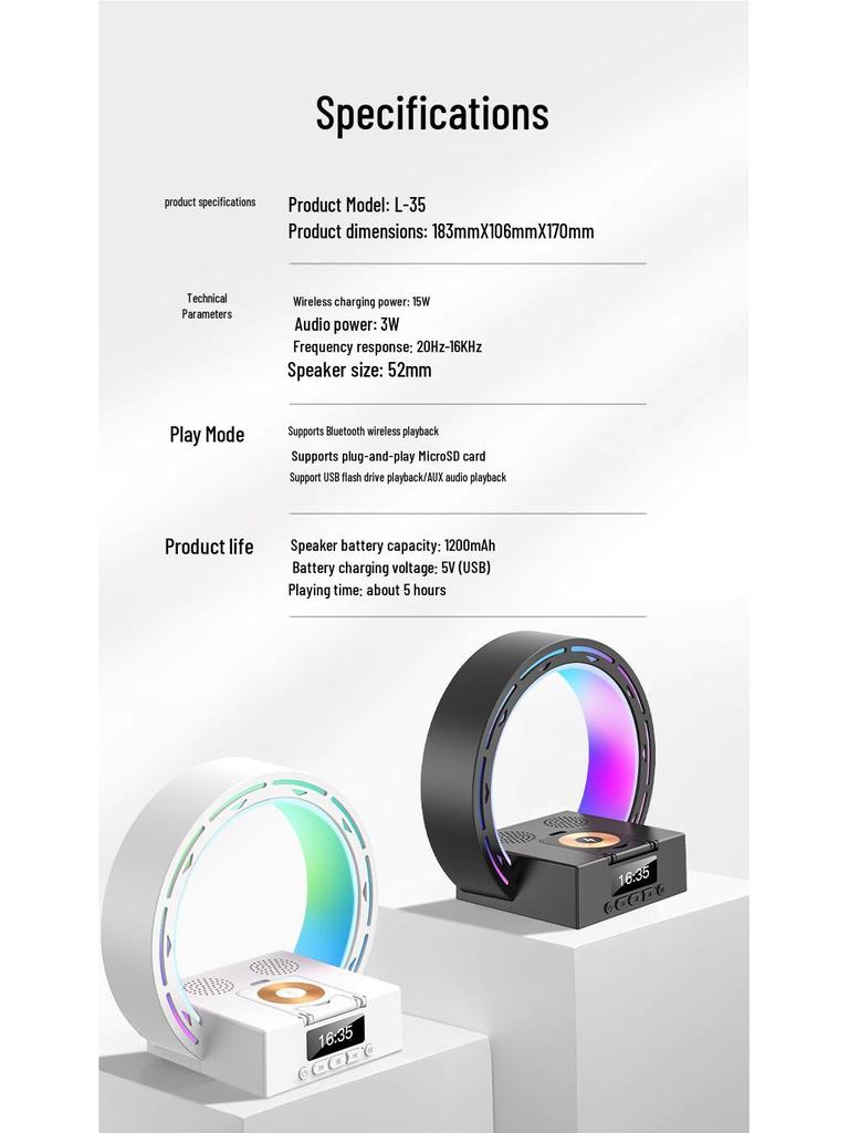 L-35 Bluetooth Speaker with Wireless Charger, Night Light, Clock, and Phone Stand