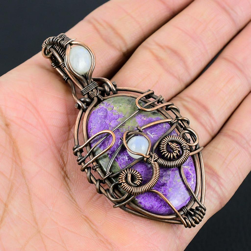 Purpurit & Mondstein Edelstein Handgefertigter Reiner Kupferdraht Wickel Schmuck Anhänger Für Thanksgiving