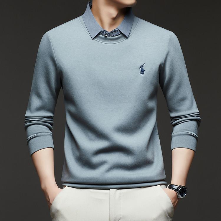 Весенне-осенний хлопковый трикотажный свитер с воротником-рубашкой и вышивкой для мужчин 105