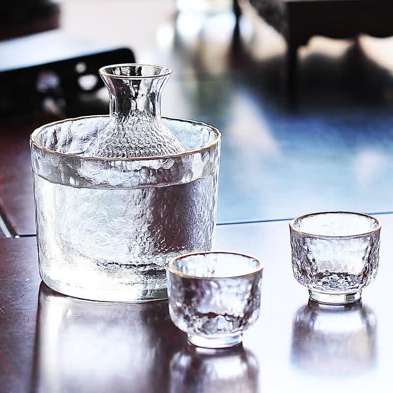 UOSO Japanese Style Hammered Glass Sake & Wine Warmer Set