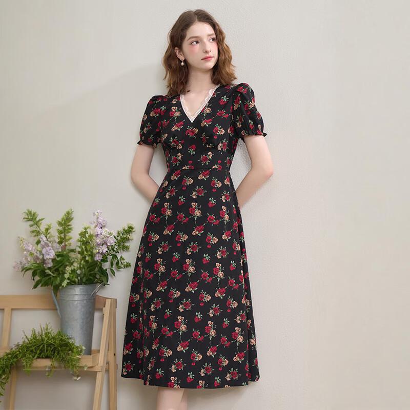 Xiyu Women's 2025 Autumn French Rose Floral Lace Trim V-Neck Midi Dress