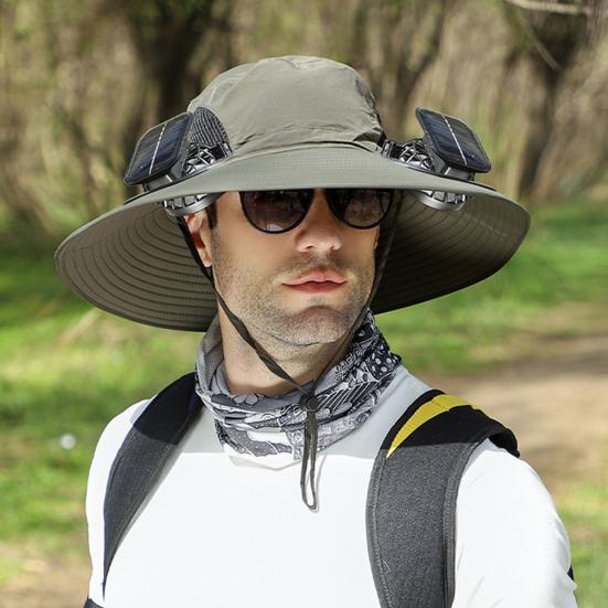 2Pcs Summer Hat with Dual Solar Fans USB Charging Wide Brim Outdoor Fishing Hat Breathable Cooling Sun Protection