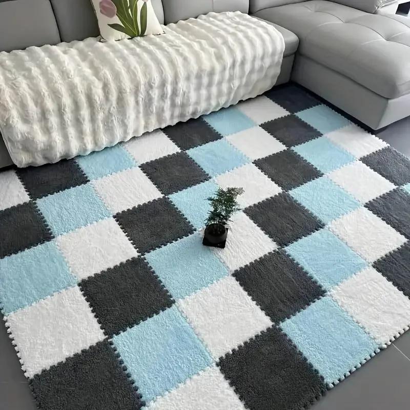 15Pcs Interlocking Fluffy Tiles with Border Square Rug Plush Puzzle Foam Floor Mat for Kids Thick Bedroom Floor Decoration