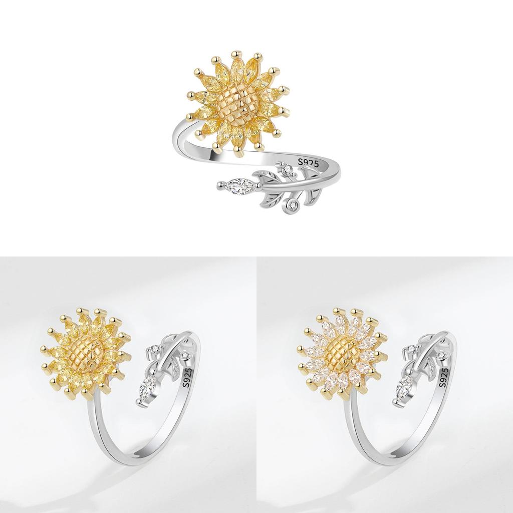 Sunflower Adjustable Ring With Cubic Zirconia And Geometric Design For Women