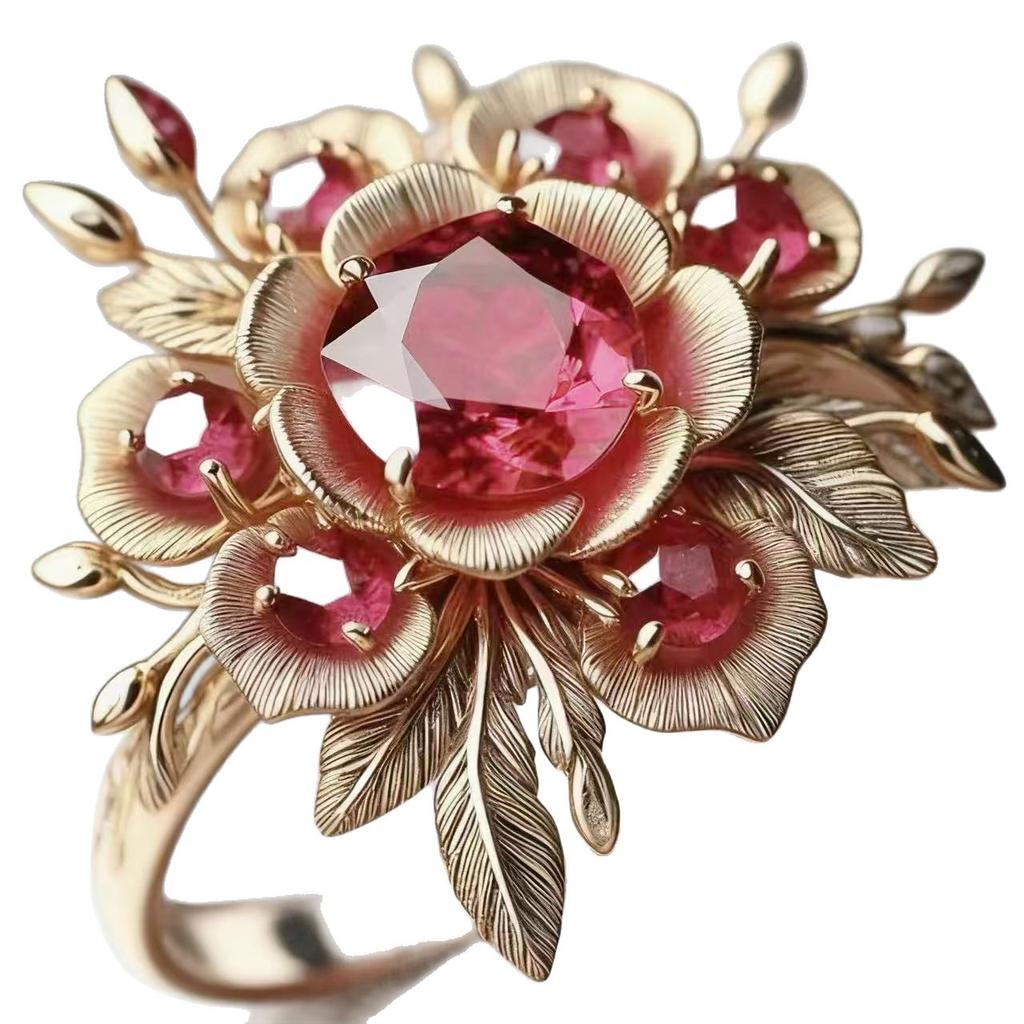 Luxury Gold Color Flower Design Dainty Pink Zircon Rings for Women Charming Banquet Party Gift New Ring Jewelry Trend
