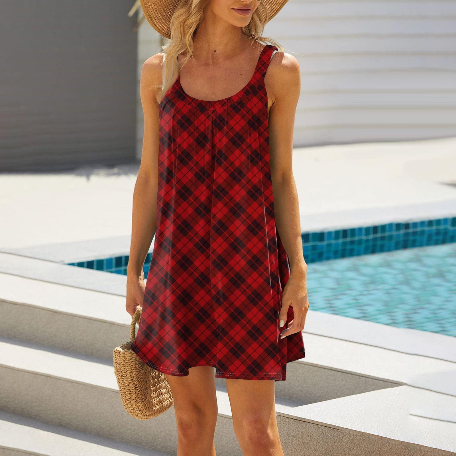 

Женское летнее повседневное платье с квадратным вырезом, оборками спереди, карманами и клетчатым принтом с короткими рукавами XL винный