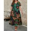 Plus Size Women's Vintage Floral V-Neck Short Sleeve Flowy Midi Dress