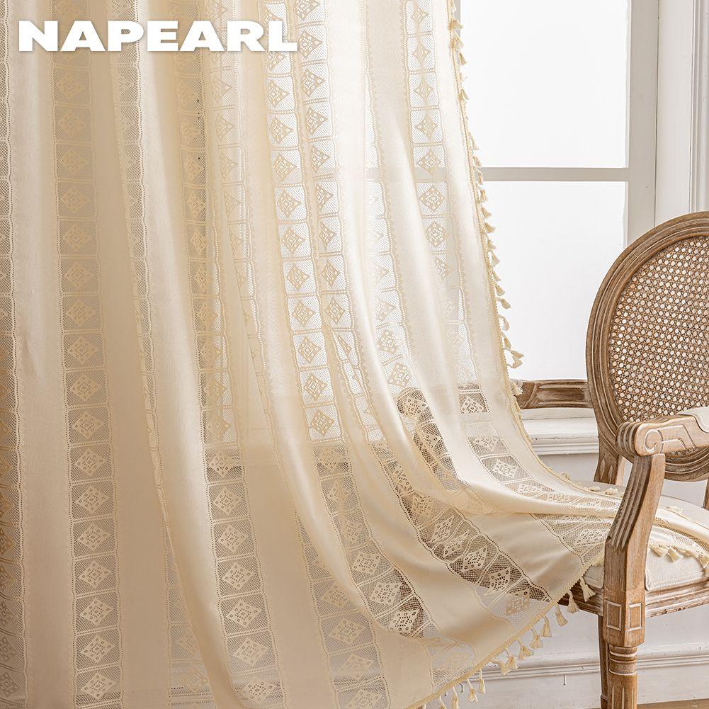 1PC NAPEARL Bohemian Style Jacquard Curtains Tassel Edge Rod Pocket Type Sheer Curtain for Living Room Bedroom Balcony Window Home Decor