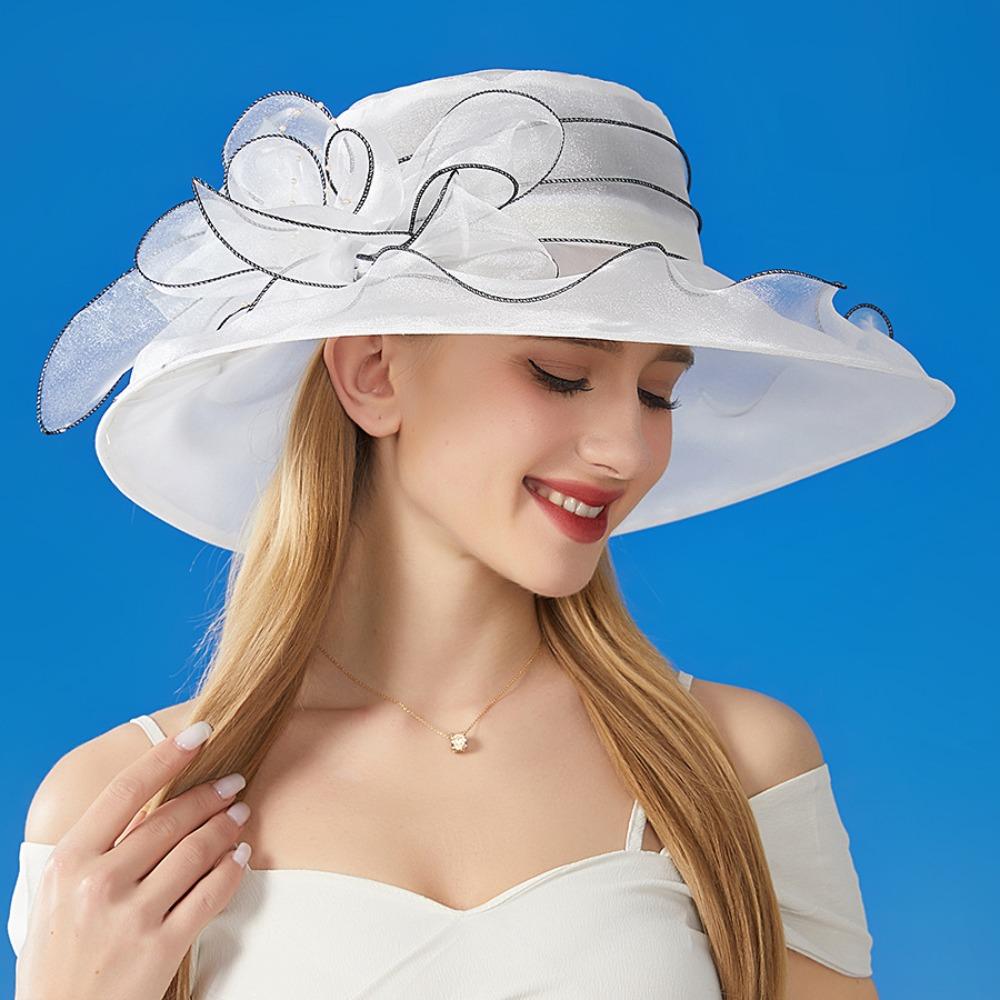 Organza Summer Ruffles Sun Hat Wide Brim Bridal Tea Party Wedding Hat Classy Women Derby Hat