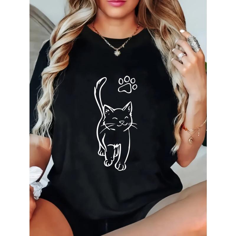 Casual Loose T Shirt Black Cat And Paw Print Design For Women Daily Wear Home Comfortable Fashion Top