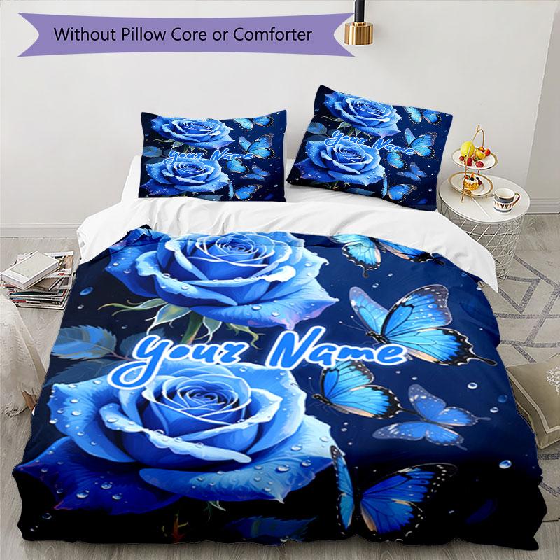 3PC Custom Name Blue Roses Butterflies Bedding Set Duvet Cover Closure Includes 1 Duvet Cover & 2 Pillowcases for Bedroom