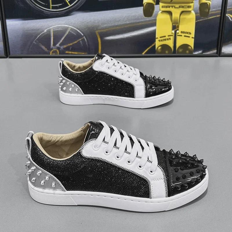 

Кроссовки Cross-Border European для мужчин с заклепками — универсальный тренд с красной подошвой на весну и осень 39 белый/чёрный