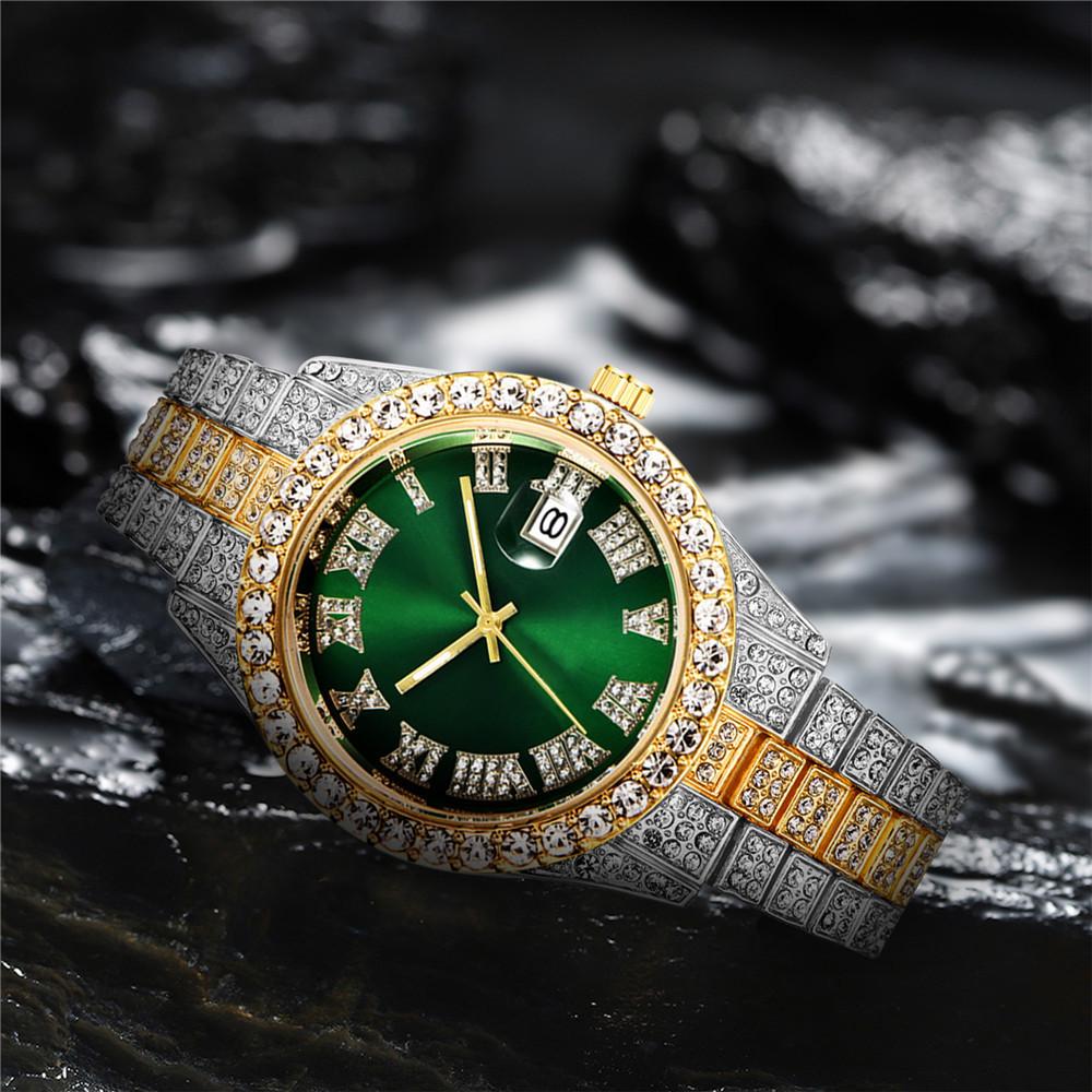 New Men's Full Diamond Steel Band Quartz Watch with Calendar