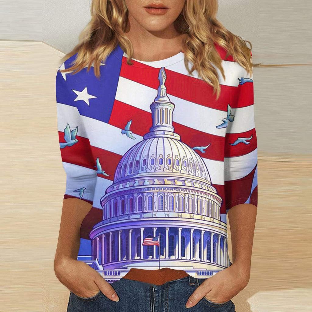Women's Independence Day Print Round Neck Seven-Eighths Sleeve Top