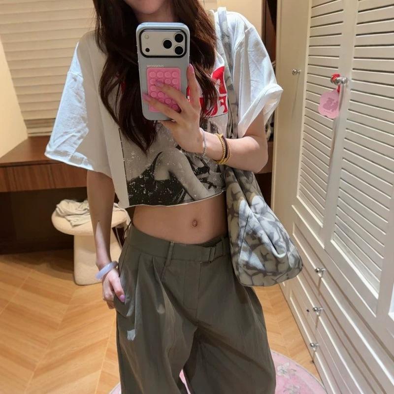 Park Caiying white short-sleeved t-shirt women's summer new short navel loose retro spice top