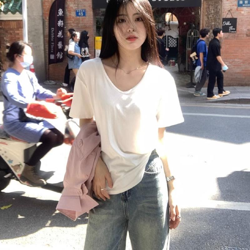 

VEZFAA женские модные повседневные однотонные свободные блузки и рубашки с короткими рукавами и круглым вырезом с принтом