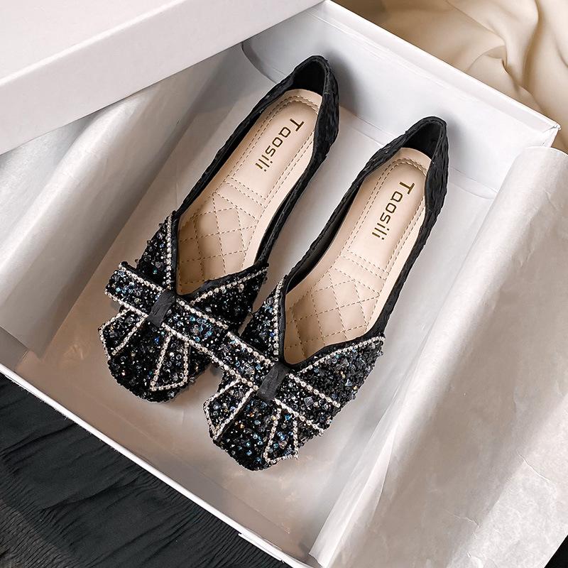 Single shoes women's new rhinestone bow square head flat shoes shallow mouth soft sole Doudou shoes large size
