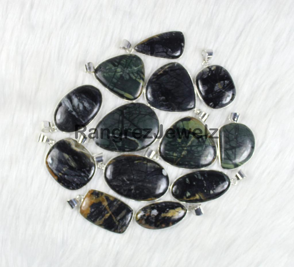 Black Picasso Jasper Gemstone Pendant Necklace Making For Silver Jewelry Supply Healing Crystal Bezel Pendant Necklace Gift For Her