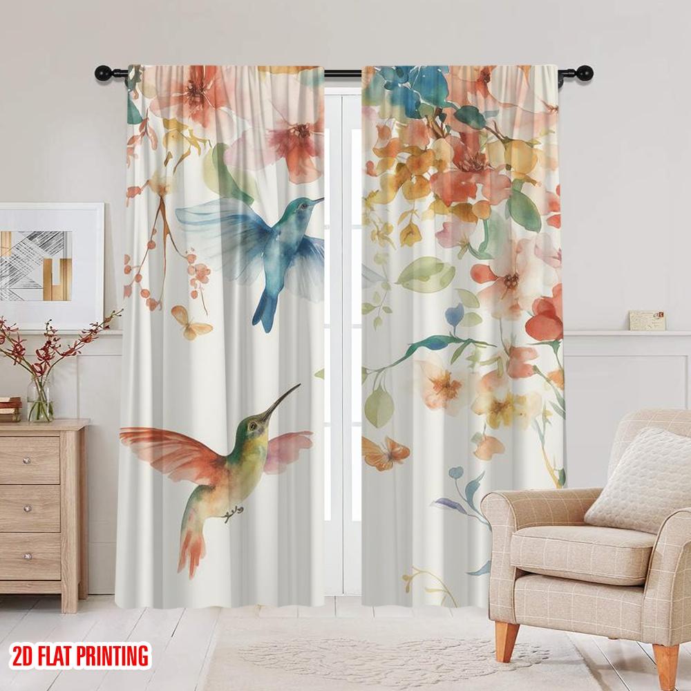 2pcs,2D Plane Printing Curtains&Window Treatment Hummingbird Harmony Polyester Woven (without Rod) Holiday for Home & Office