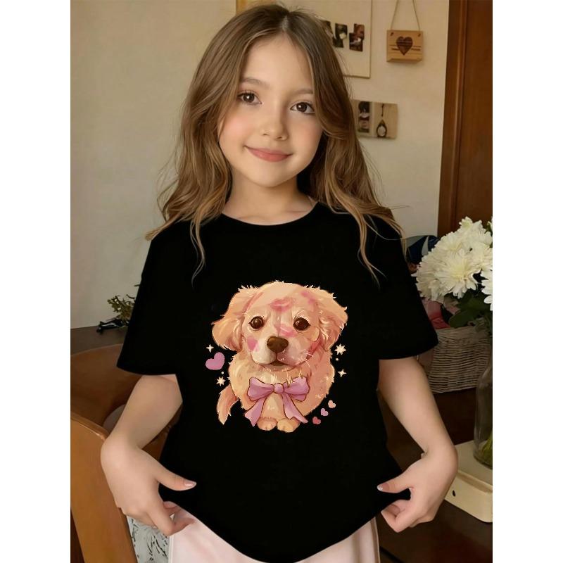Europäische Größen Niedliches Golden Retriever Pfotenabdruck Muster Design. Mädchen-T-Shirt mit kurzen Ärmeln und Rundhalsausschnitt, Erhältlich in Schwarz und Weiß