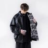 Reversible PU Leather Jacket Men Women Loose Fit Plaid Couple Coat American Style Streetwear Top