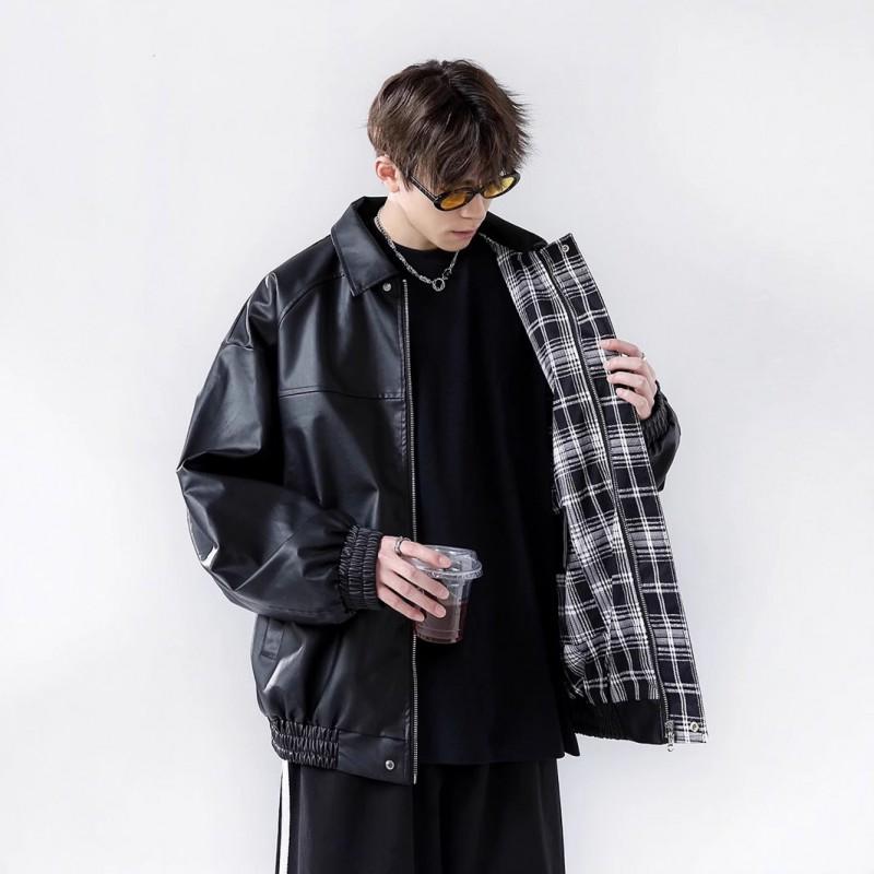 Reversible PU Leather Jacket Men Women Loose Fit Plaid Couple Coat American Style Streetwear Top