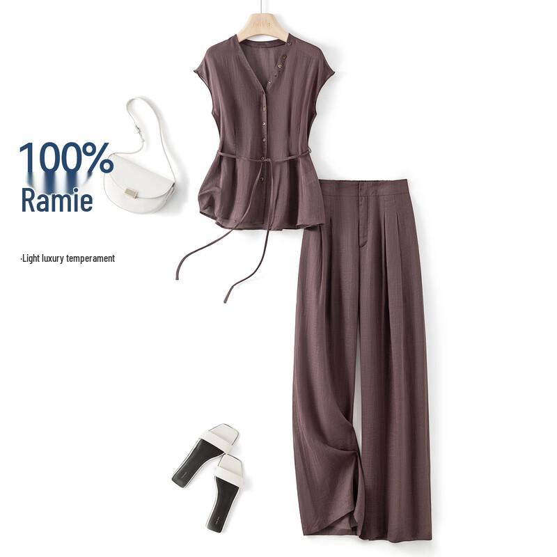 IHIMI Elegant V-Neck Ramie Wide-Leg Pant Set S