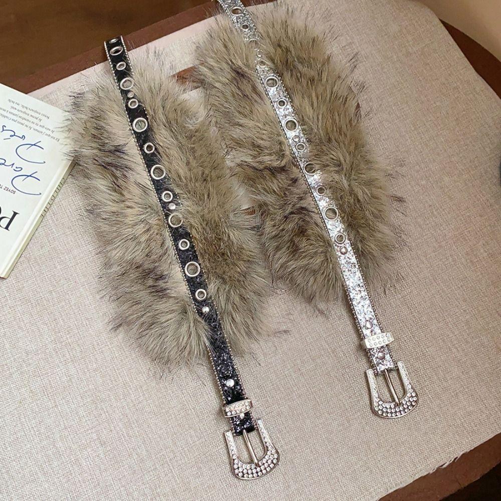 Rhinestone Leather Fur Belt Spicy Girl Style Y2K Plush Waist Belt Furry Waistband Dress Decoration