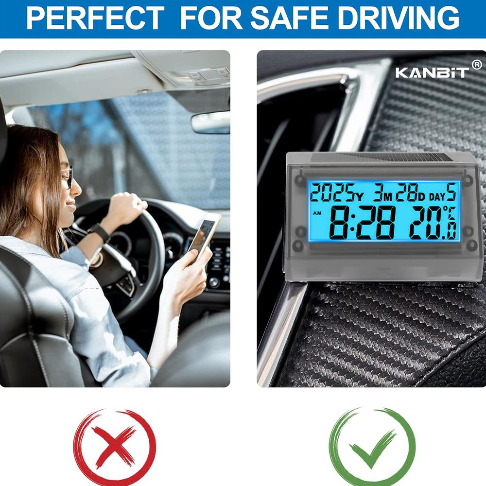 Solar Car Digital Clock Thermometer Waterproof LCD Dashboard Temperature Display