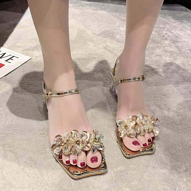 Luxusní dámské robustní značkové sandály na středním podpatku boty jaro léto nová móda křišťálové šaty večírek slingback dámské pantofle