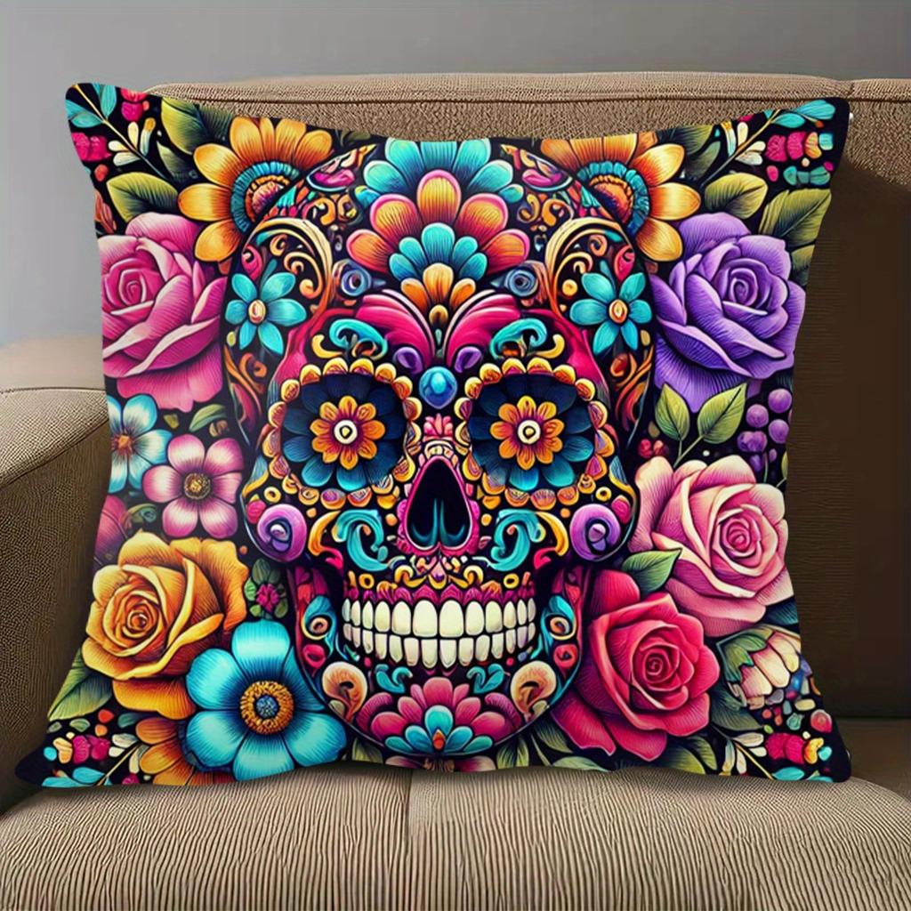 1pc Colorful Floral Skull Head Pillowcase, Soft Comfortable Polyester Short Plush Fabric, Single-Sided Print, 44.96 X 44.96 Cm, Machine Washable, Zipp