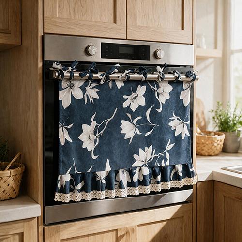 1PC Nuan Series American Countryside Printed Oven Skirt, Lotus Leaf Lace Edge Decorative Oven Door Curtain for Kitchen Home Decor