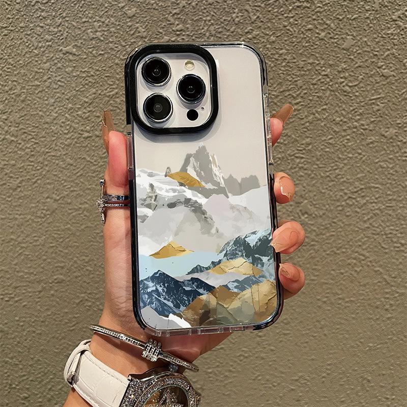 Art style niche advanced sense snow mountain landscape iphone17promax anti-drop black border anti-drop protective cover