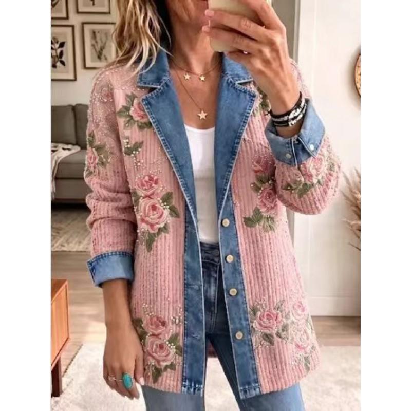 Damen Leopardenmuster Denimjacke Langarm Lockerer Schnitt Lässig Offene Vorderseite Hemdkragen Streetwear Mantel