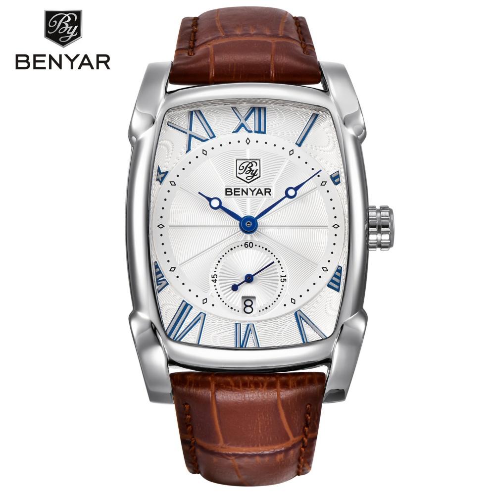 BENYAR BY-5114 Men's Chronograph Quartz Watch Fashion Casual 30M Waterproof Leather Strap Sport Rectangle Wristwatch For Man