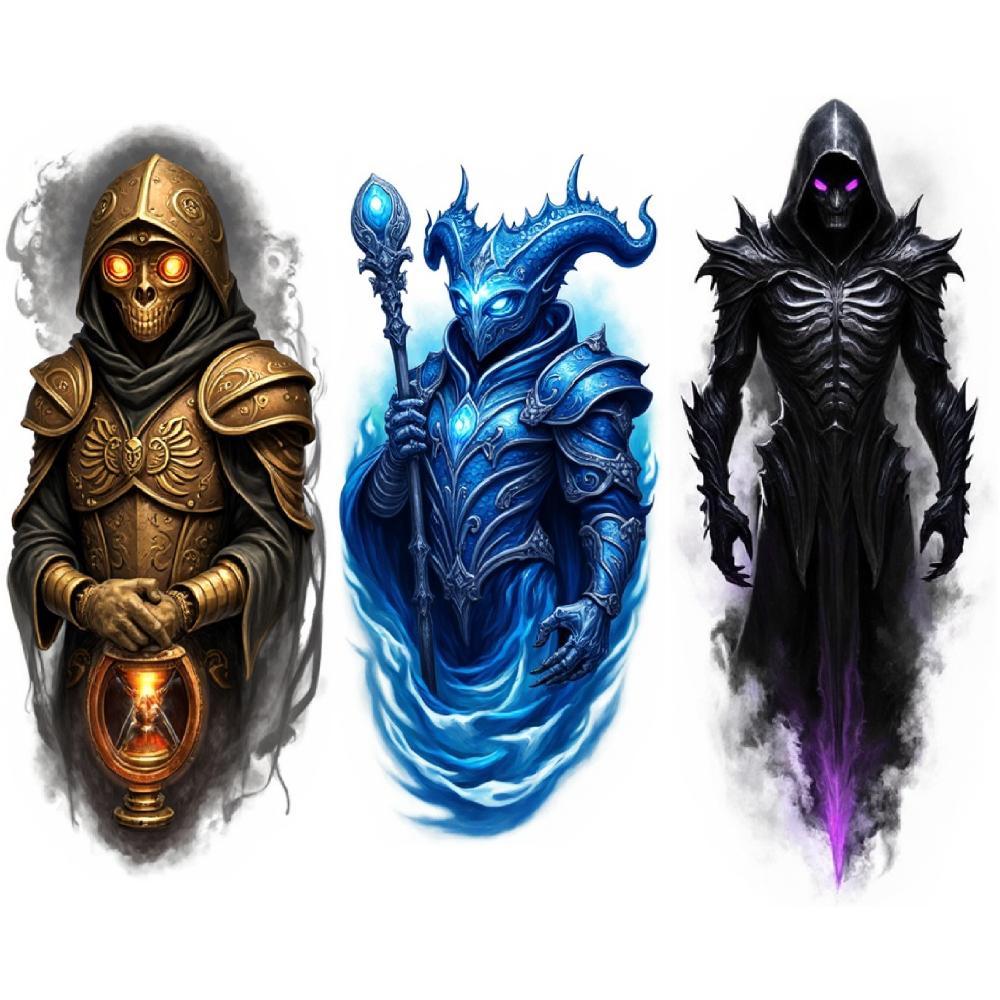 3pcs Temporary Tattoo Waterproof Long-lasting Body Stickers Hooded Figure Mystic Blue Sword Skeleton Warrior For Adults Men