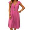 Casual Beach V Neck Short Sleeve A Line Sundress Women Summer Cotton Linen Midi Dress with Pockets