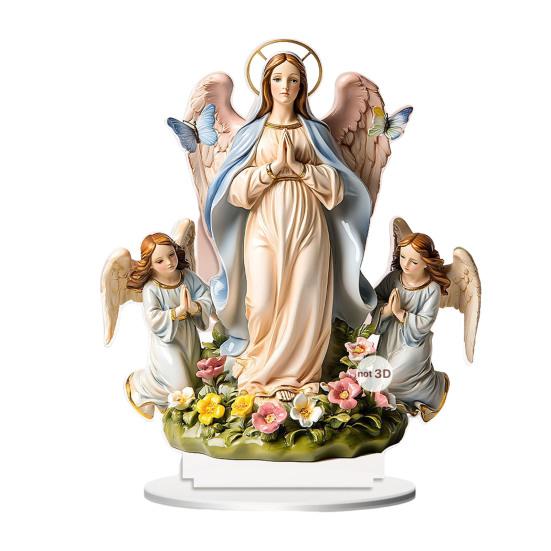 Church Decor Accessories Virgin And Angel Ornament, 2D Acrylic Religious Ornament with Table Base, Catholic Centerpiece, Christian Gift for