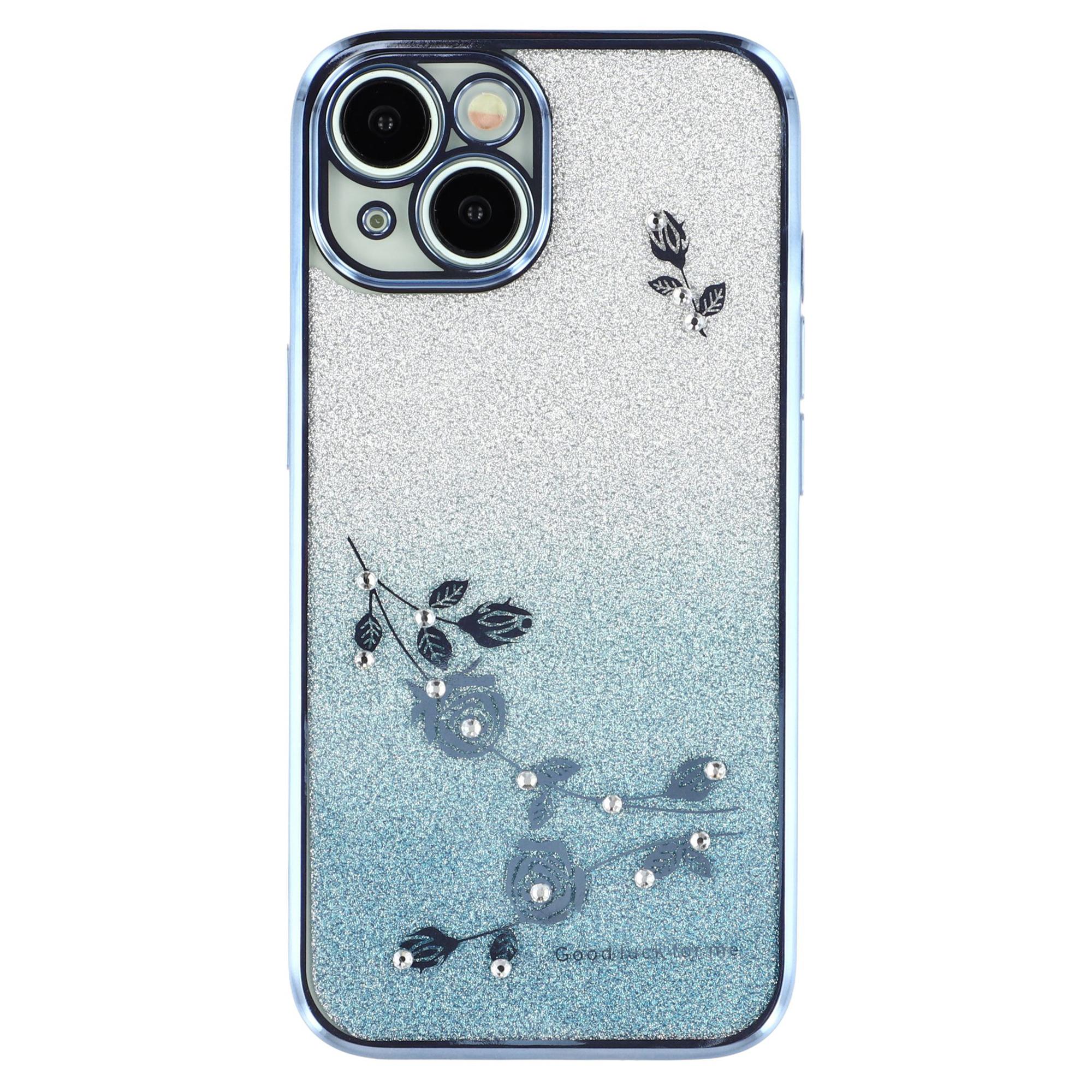 

KADEM For iPhone 14 Gradient Glitter Powder Flexible TPU Back Cover Rhinestone Decor Flower Design Drop-proof Case Blue