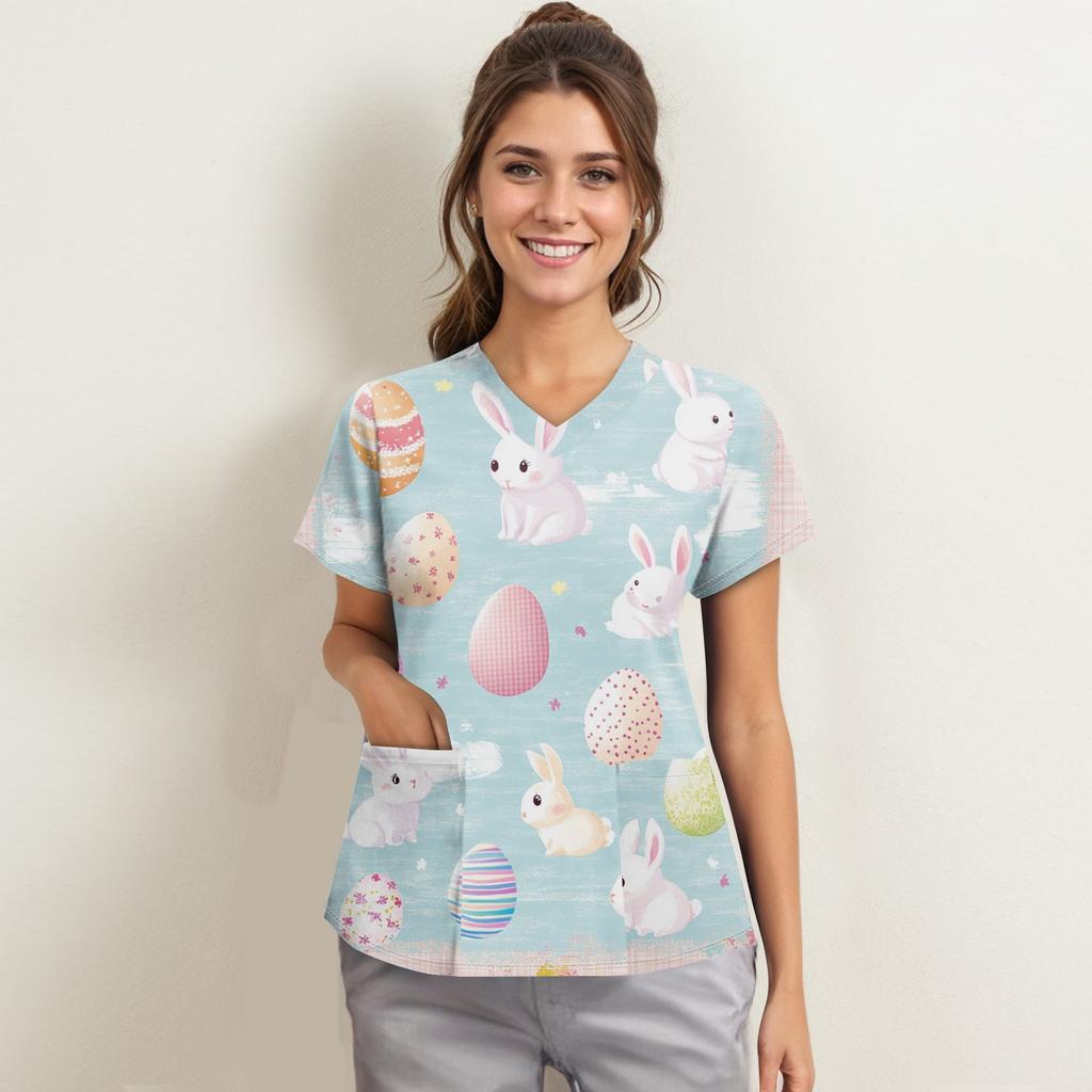 Women's Fashion V-neck Short Sleeve Workwear With Pockets Printed Tops