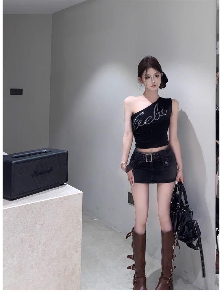 Pure & Sexy Rhinestone One-Shoulder Crop Top - Slimming Summer Tank for Women