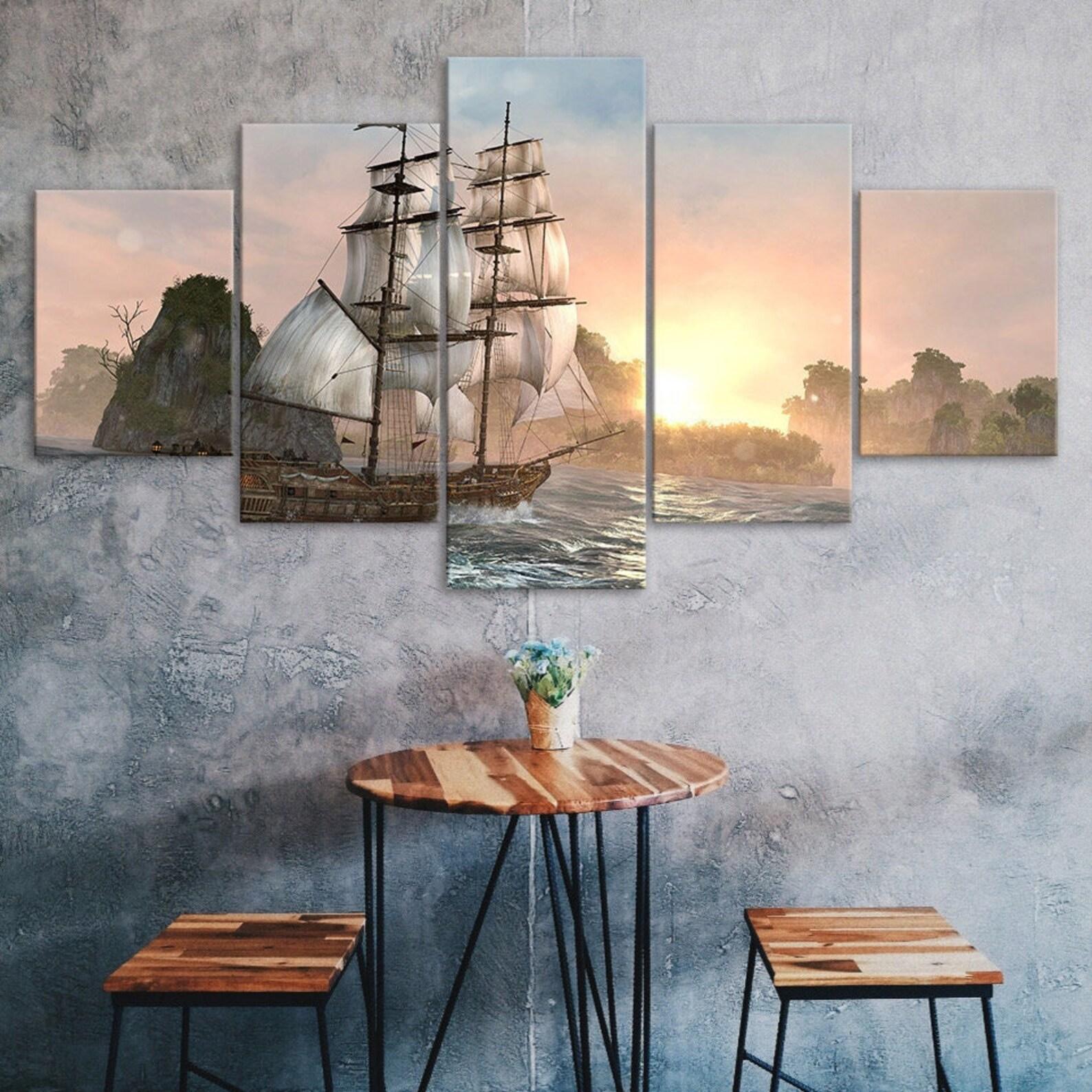

Sailing Ship Sunset Pirate Canvas 5 Piece Five Panel Wall Print Modern Art Poster Picture Home Decor Gift For Him For Her 20x35 20x45 20x55cm