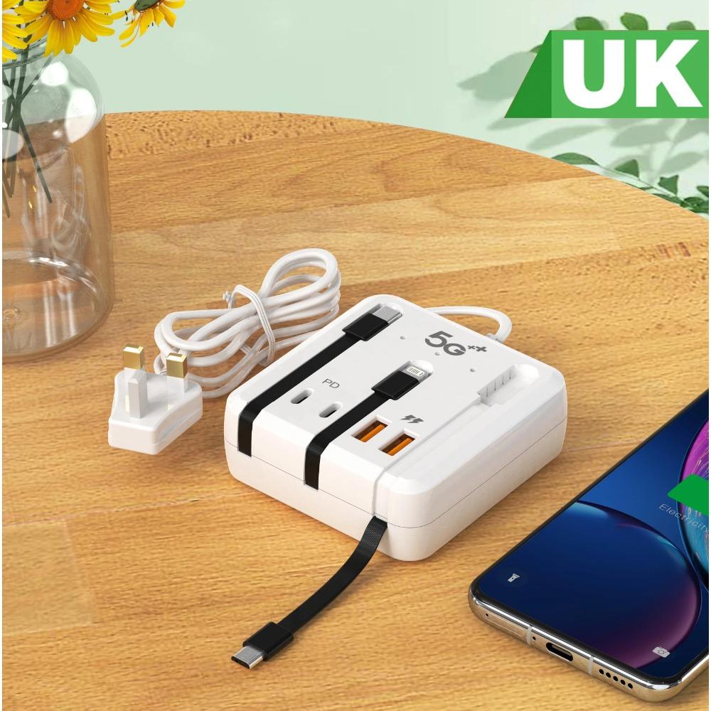 Încărcător USB cu încărcare rapidă, 66W, 4 porturi, pentru călătorie, cu priză, adaptor de cablu tip C pentru iPhone 14 15, Xiaomi, Samsung