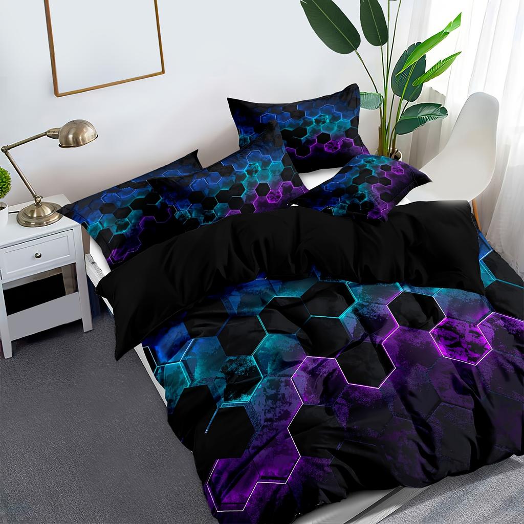 Soft & Cozy Blue Honeycomb Mechanical Style Duvet Cover Set - Washable Polyester, Stain-Resistant Magical Gifts