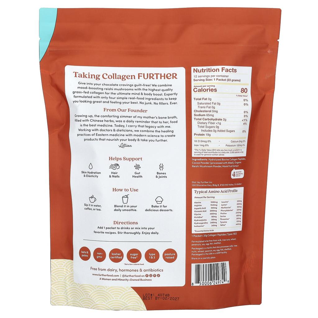 Grass-Fed Collagen Peptides + Reishi Mushrooms, Chocolate, 12 Packs, 23G (0.81Oz) Each